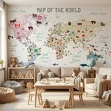 Fotomurali : Mappa del mondo per bambini con bandiere e animali 12
