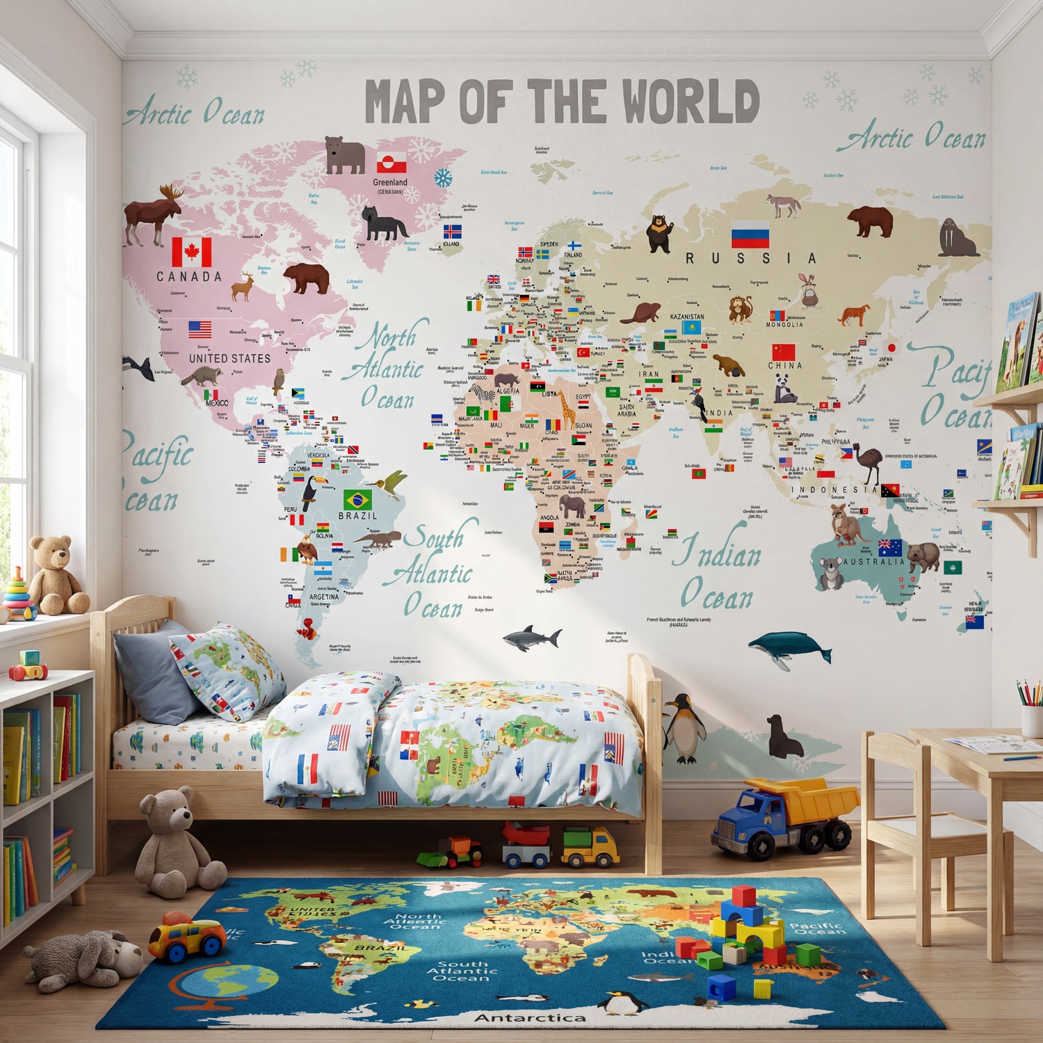 Fotomurali : Mappa del mondo per bambini con bandiere e animali