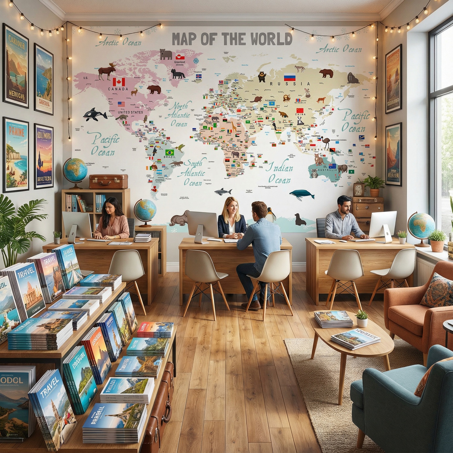 Fotomurali : Mappa del mondo per bambini con bandiere e animali