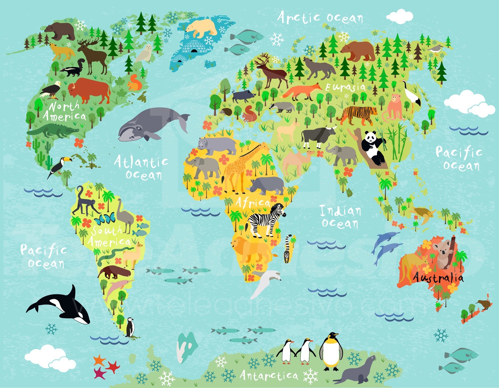 Fotomurali : Mappa del mondo continenti e animali per bambini