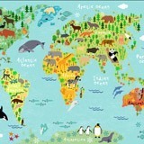 Fotomurali : Mappa del mondo continenti e animali per bambini 2