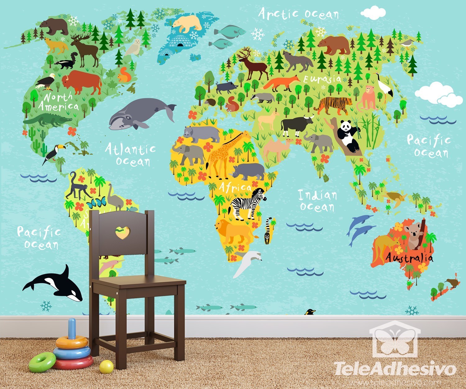 Fotomurali : Mappa del mondo continenti e animali per bambini
