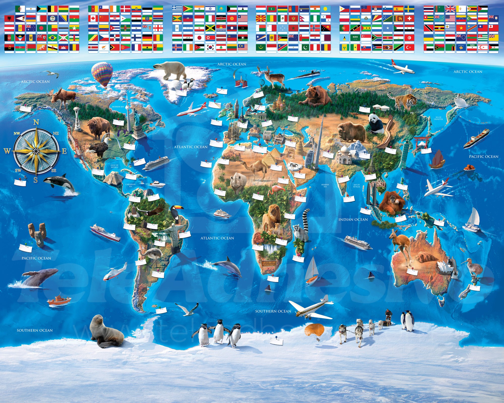 Fotomurali : Mappa del mondo per bambini Bandiere
