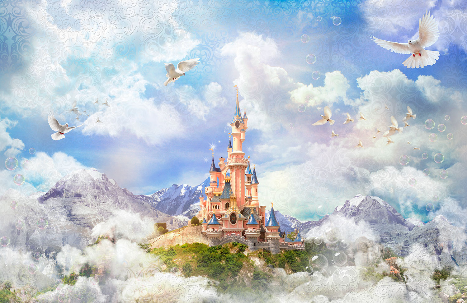 Fotomurali : Castello Disney tra nebbia e montagne