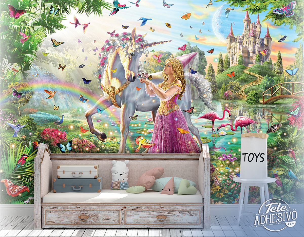Fotomurali : Principessa e unicorno in un giardino magico