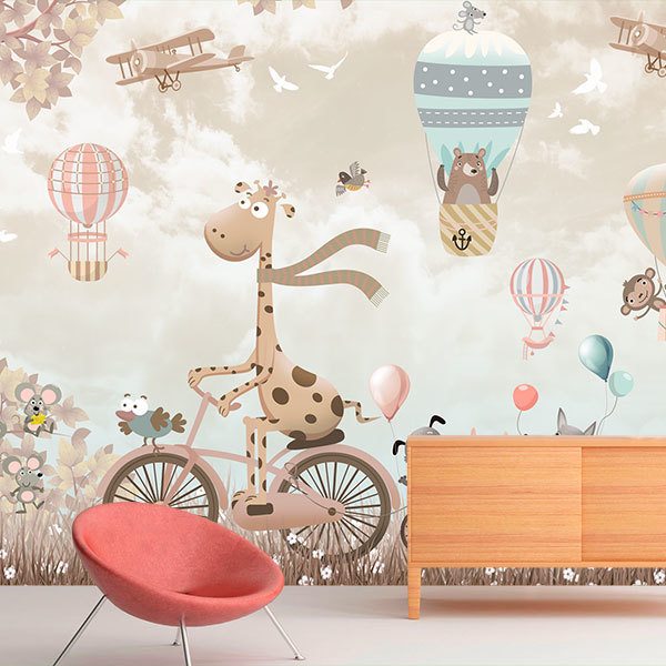 Fotomurali : Giraffa in bicicletta con animali e mongolfiere 0