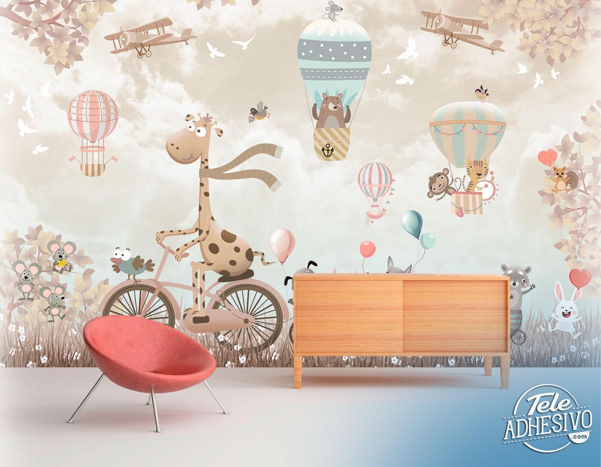 Fotomurali: Giraffa in bicicletta con animali e mongolfiere