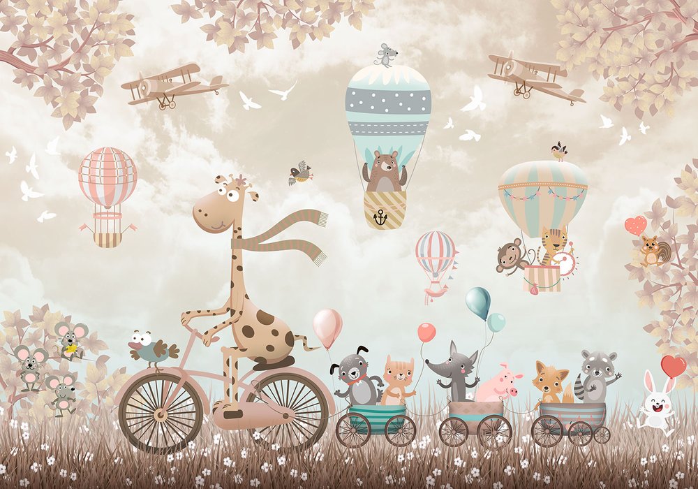 Fotomurali : Giraffa in bicicletta con animali e mongolfiere 2