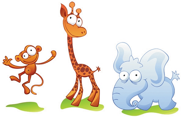 Adesivi per Bambini: Zoo, una piccola scimmia, una giraffa e un elefant
