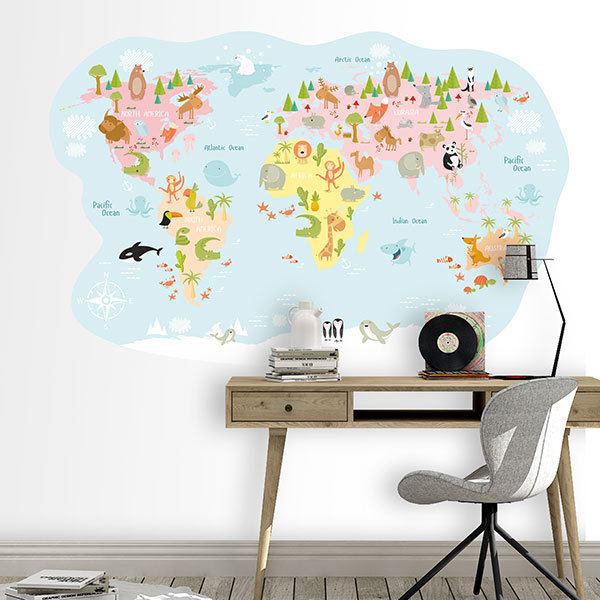 Adesivi per Bambini: Mappa del mondo Animali a pastello 1