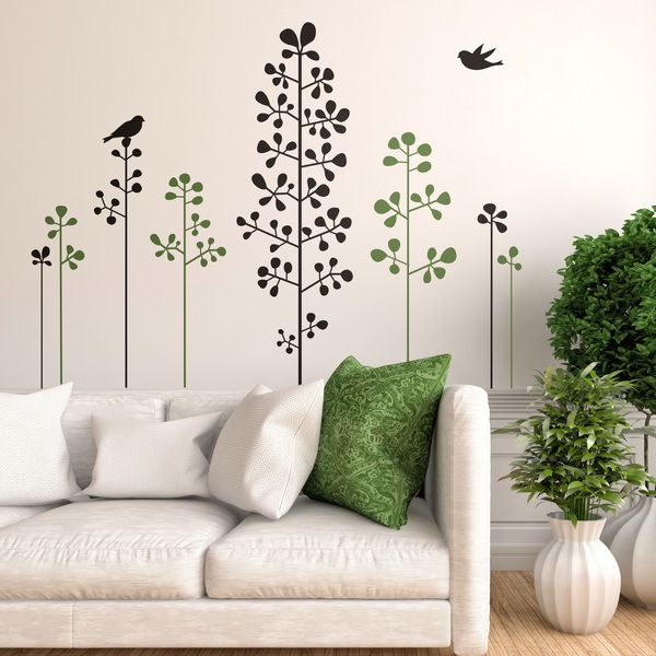 Adesivi Murali: Arbusti floreali e uccelli 0