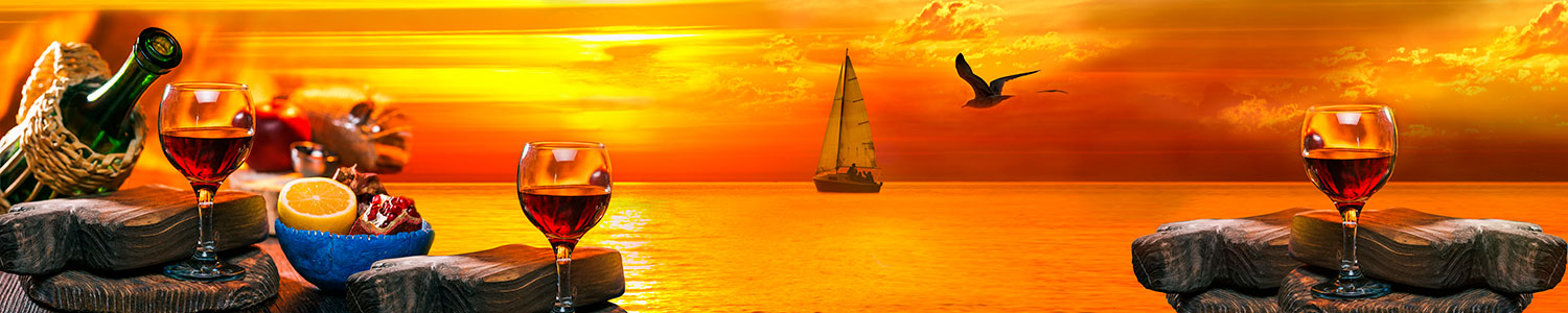 Fotomurali : Tramonto sulla spiaggia e vino