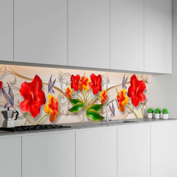 Fotomurali : Fiori di ibisco rossi con foglie verdi