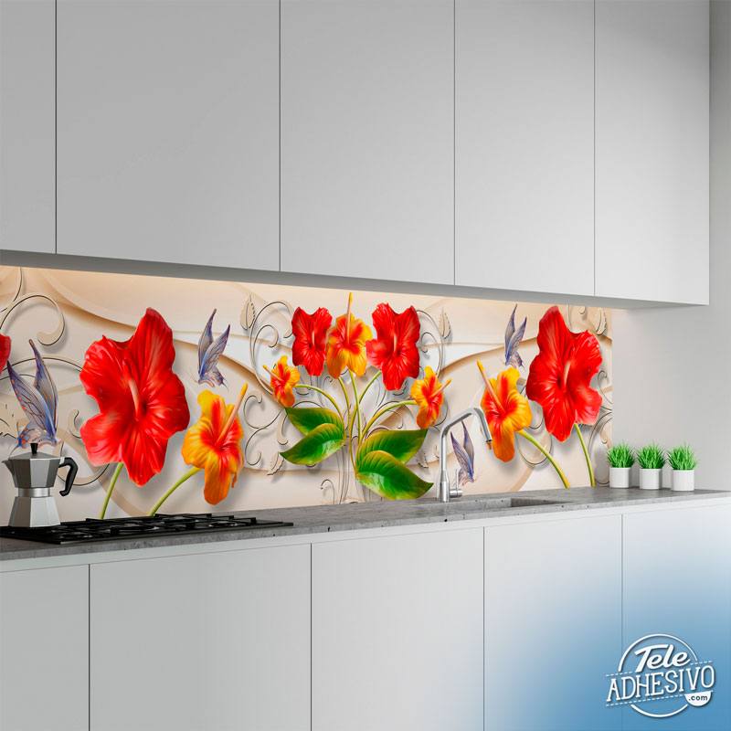 Fotomurali: Fiori di ibisco rossi con foglie verdi
