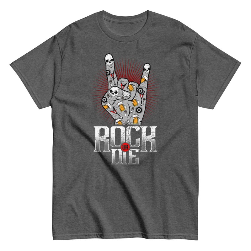 Magliette: Maglietta Rock or Die Mano Corna Teschi e Birre