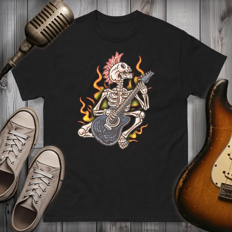 Magliette: Maglietta Scheletro Punk Chitarrista in Fiamme