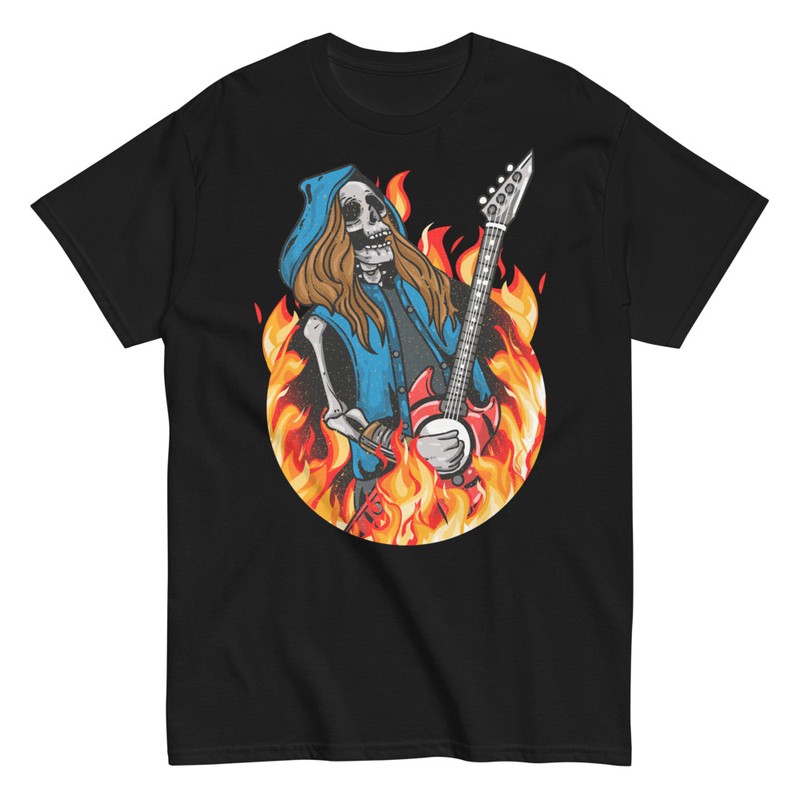 Magliette: Chitarrista Scheletro Rocker in Fiamme