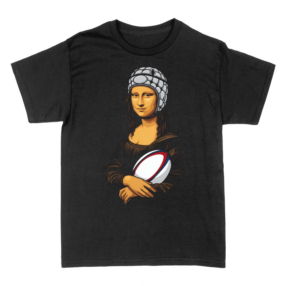 Magliette: Mona Lisa rugby con casco e palla