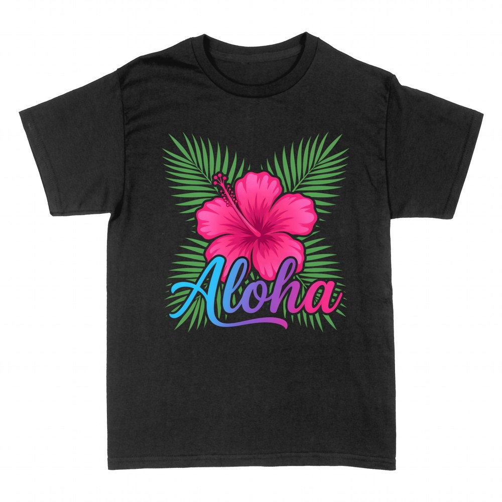 Magliette: Aloha con ibisco rosa e foglie di palma