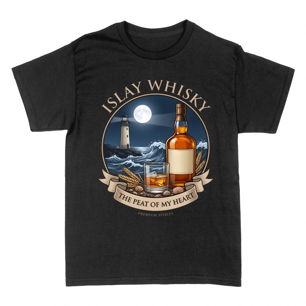 Magliette: Whisky di Islay con faro e gioco di parole peat