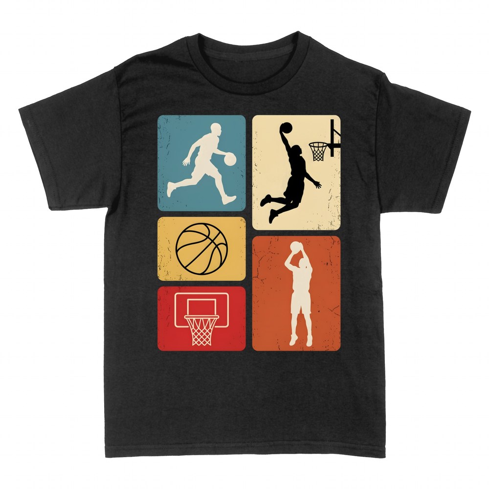 Magliette: Collage retro di basket con silhouette e canestro
