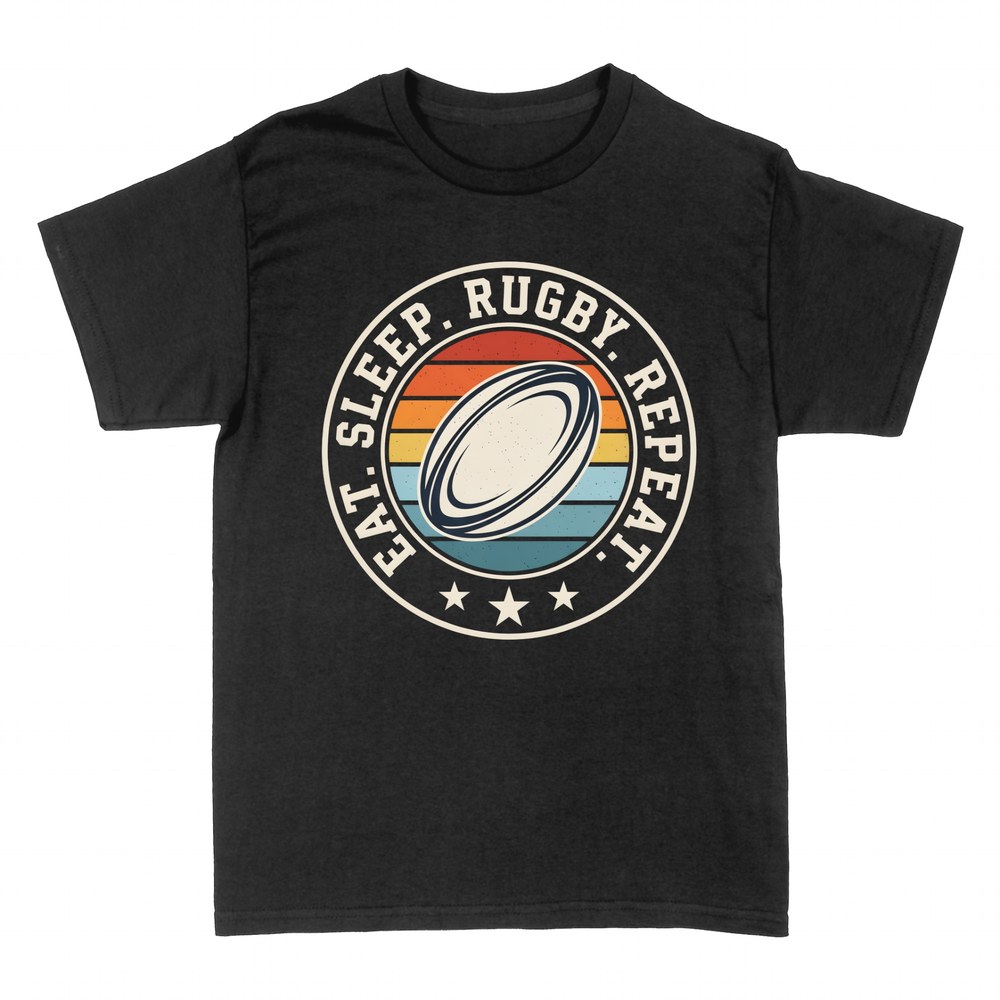 Magliette: Eat Sleep Rugby Repeat con pallone retr&ograve;