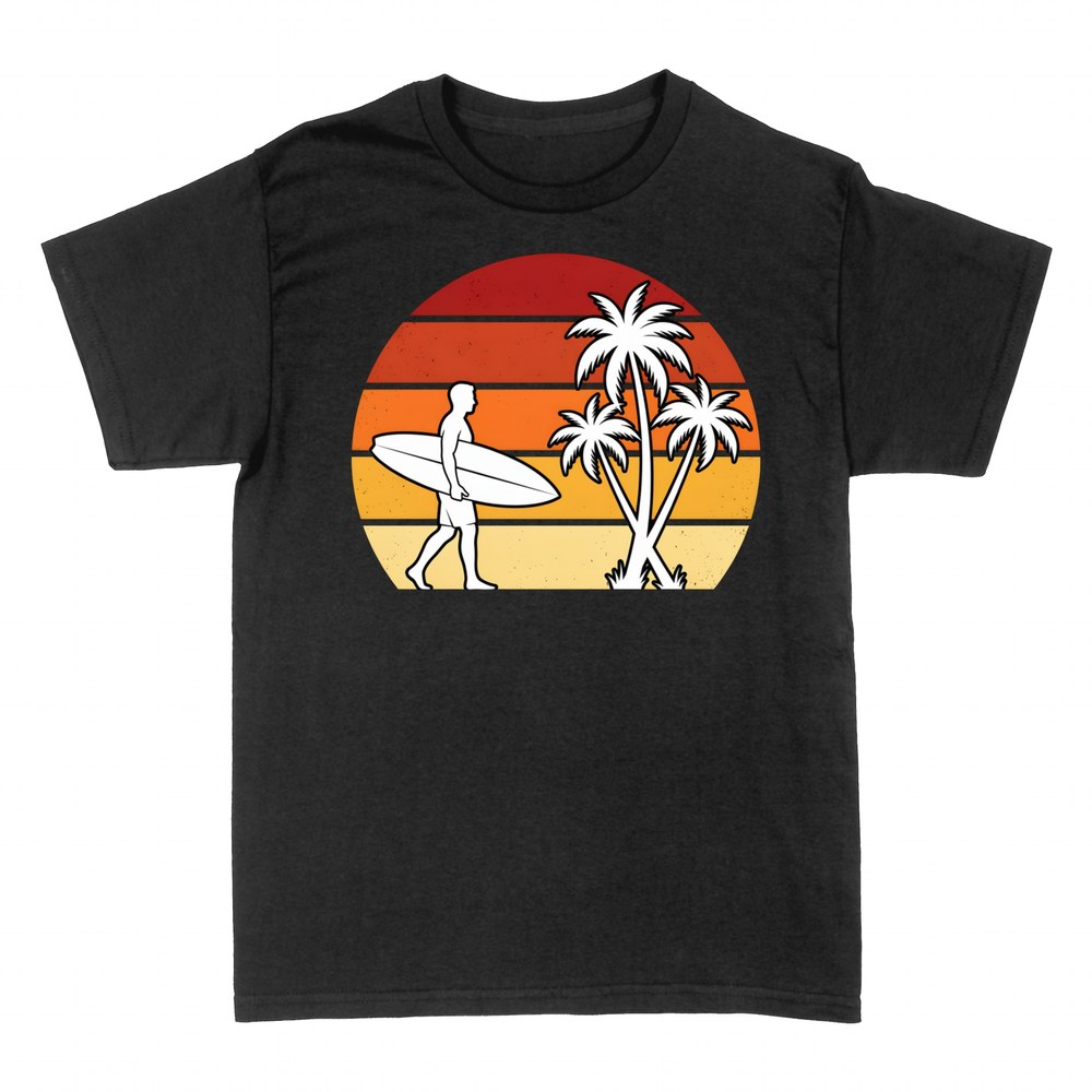 Magliette: Surfista con tavola e palme al tramonto retro