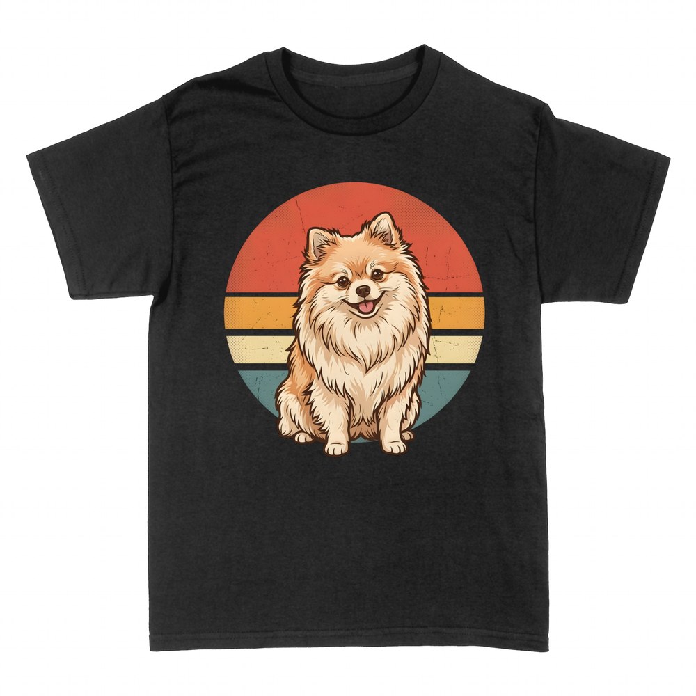 Magliette: Cane di Pomerania con tramonto retr&ograve;