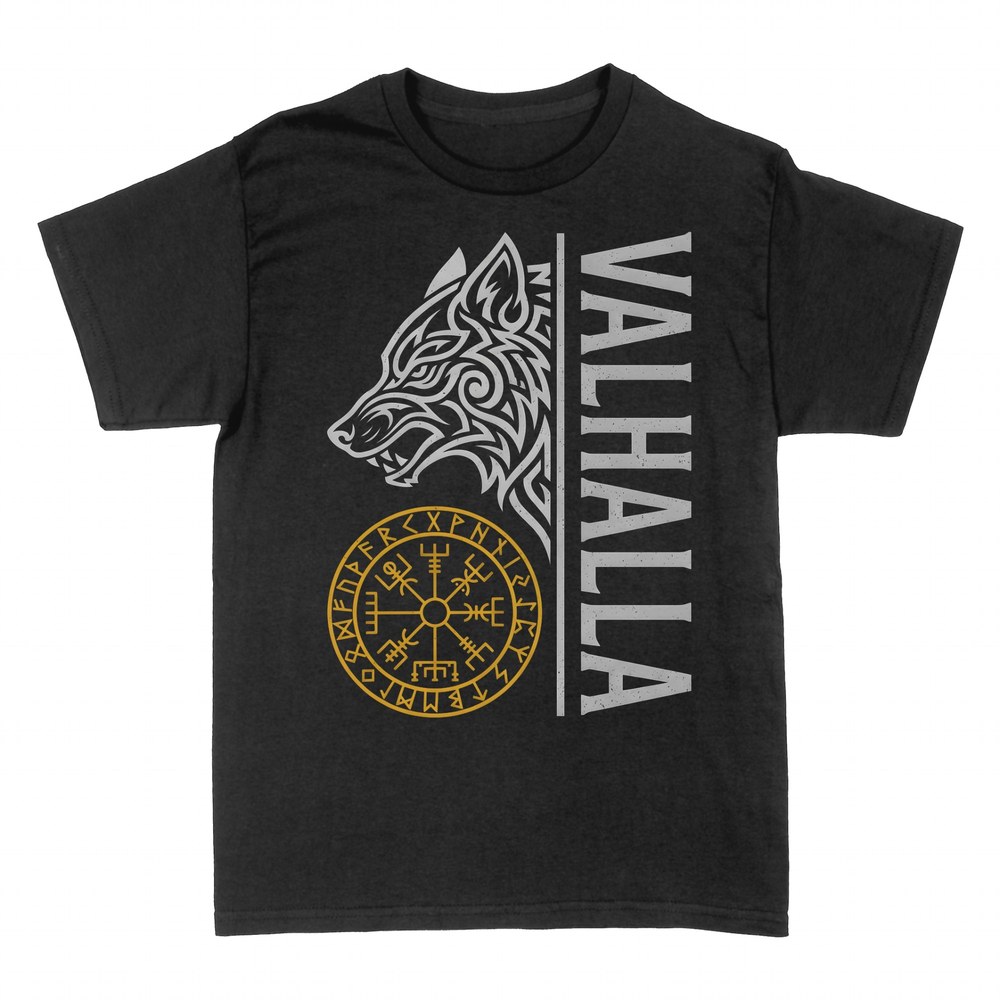 Magliette: Valhalla con lupo nordico e bussola vichinga