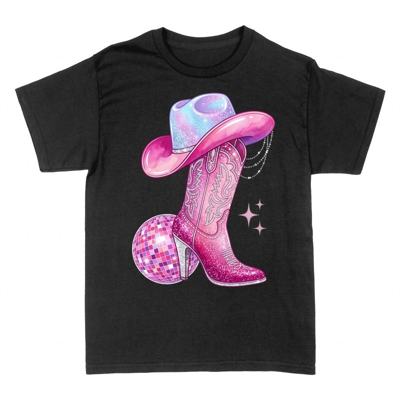 Magliette: Stivale cowgirl rosa e palla disco