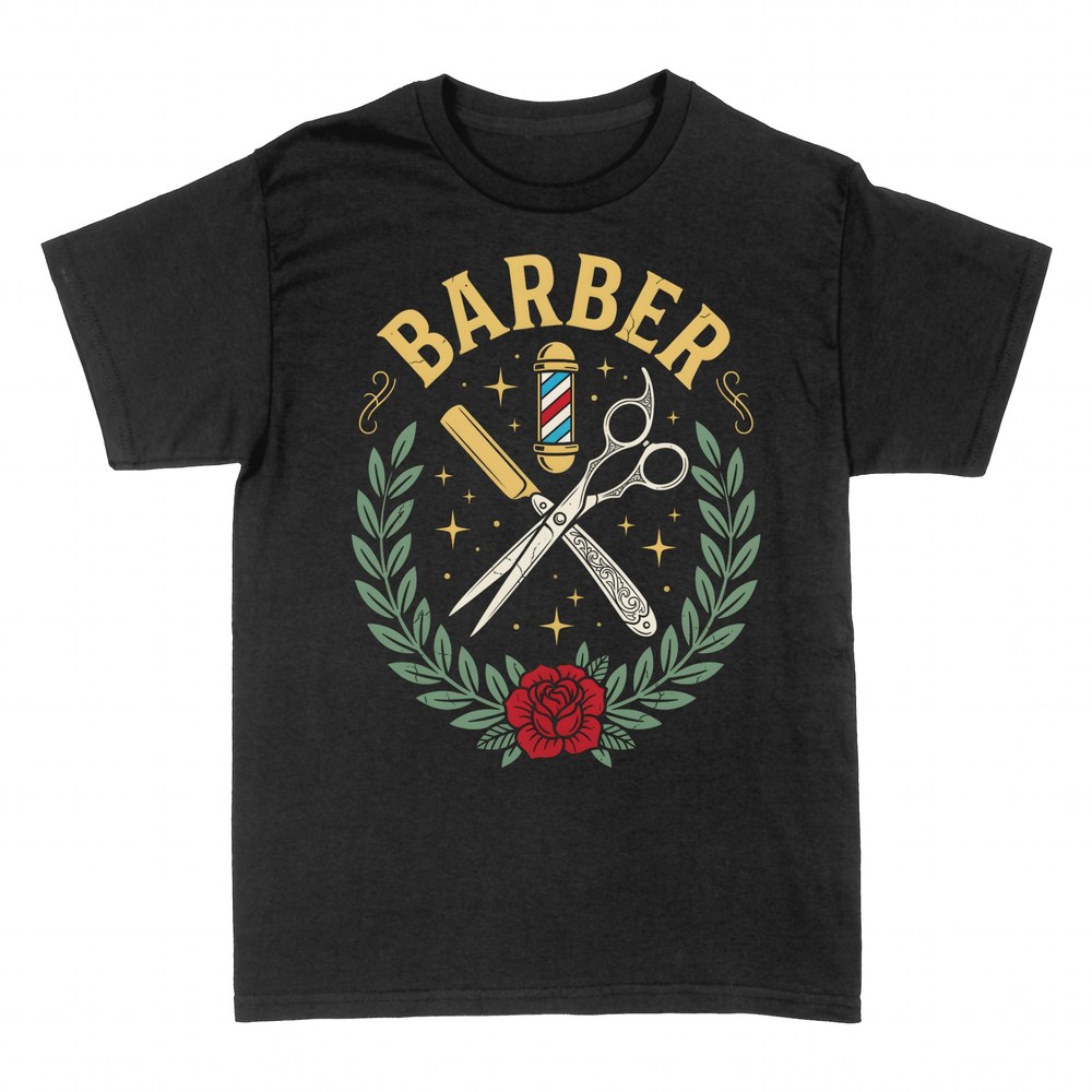 Magliette: Barbiere Vintage - Rasoio, Forbici e Rosa