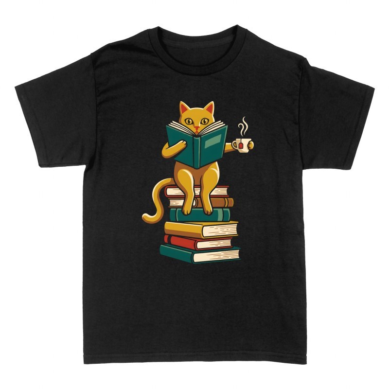 Magliette: Gatto che legge con t&egrave; e pila di libri