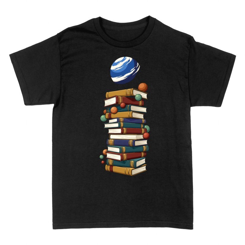 Magliette: Pila di libri e pianeta nello spazio