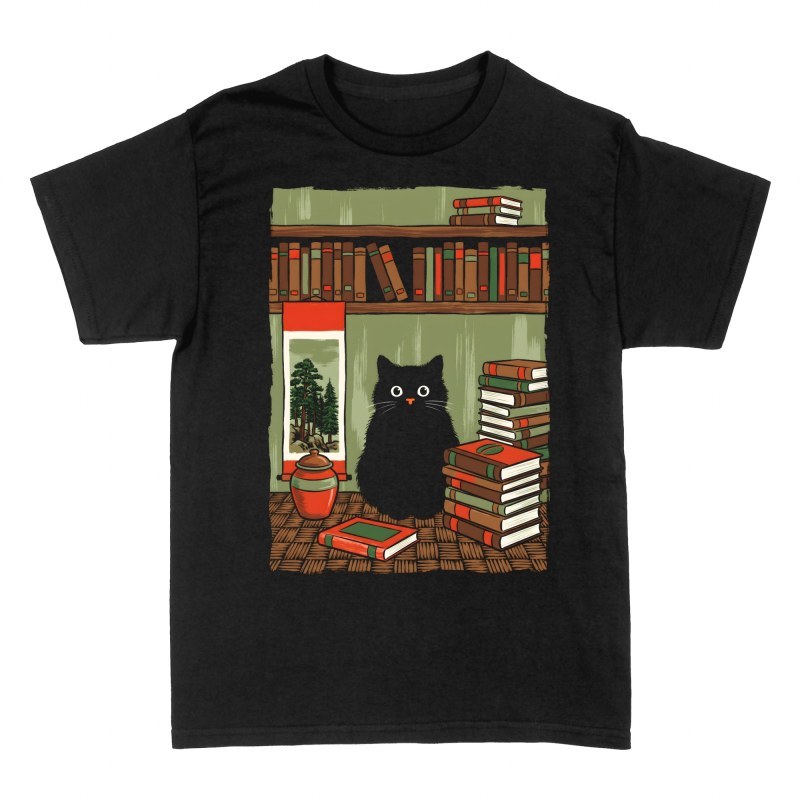 Magliette: Gatto nero in biblioteca vintage