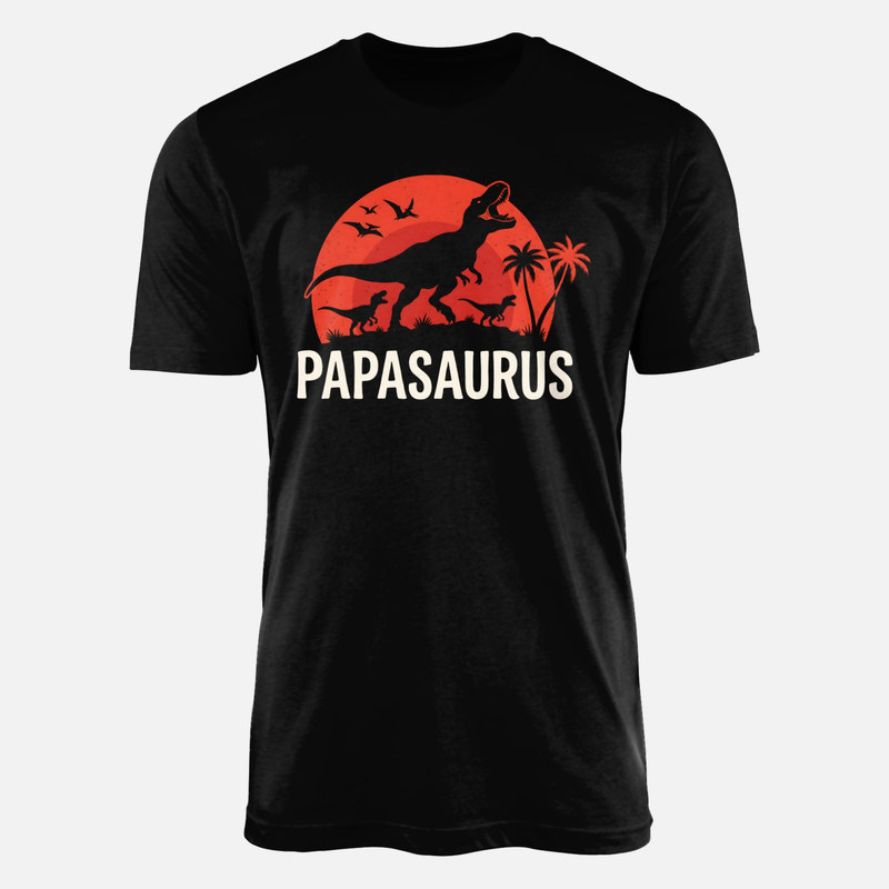 Magliette: Papasaurus con cuccioli e tramonto