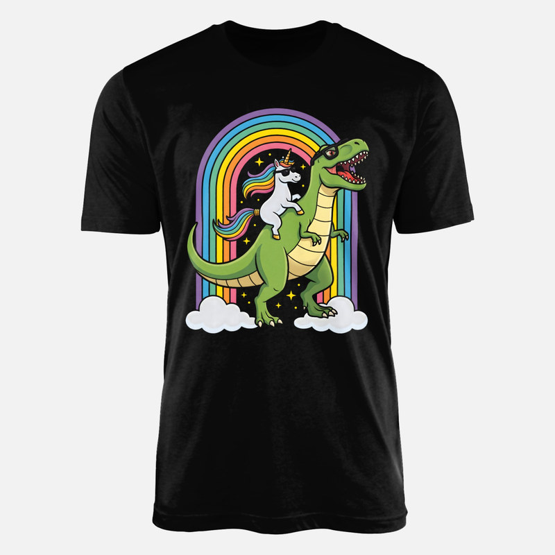 Magliette: Unicorno a cavallo di un t-rex con arcobaleno