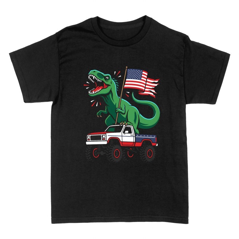 Magliette: T-Rex su monster truck con bandiera USA