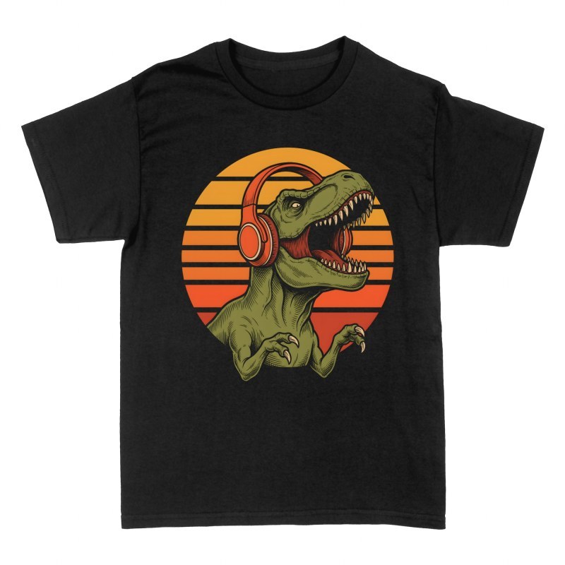 Magliette: T-Rex con cuffie e tramonto vintage
