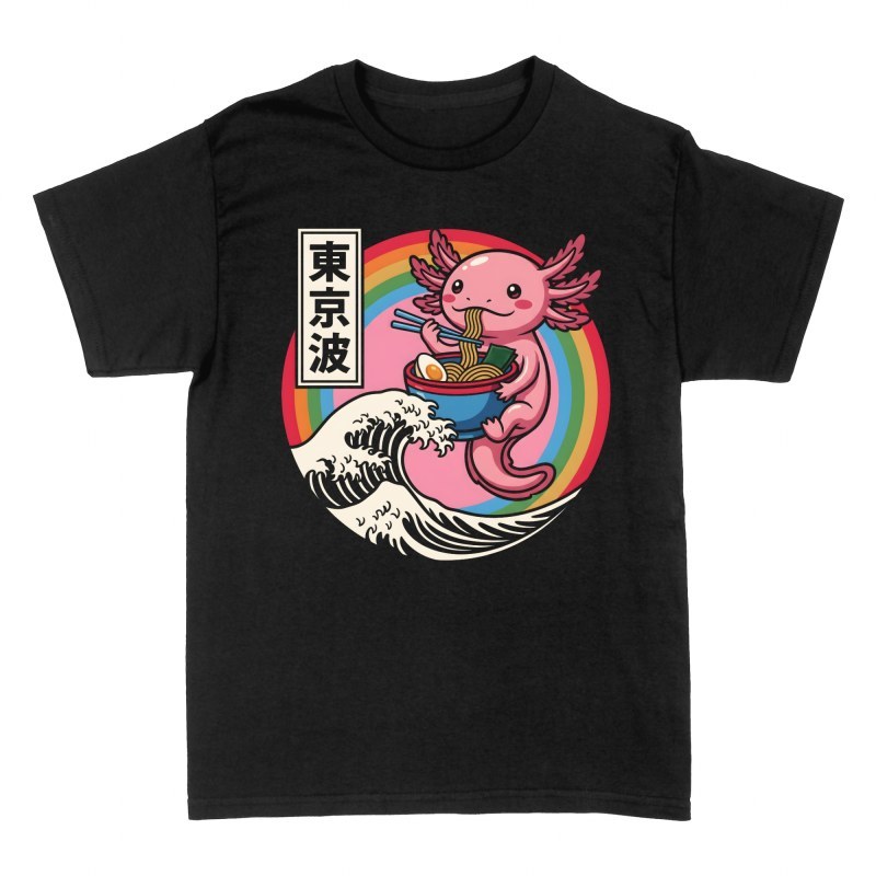 Magliette: Axolotl kawaii mangia ramen con onda