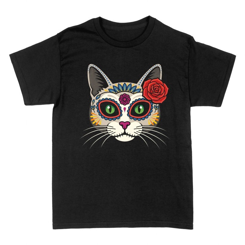 Magliette: Gatto teschio messicano con rosa
