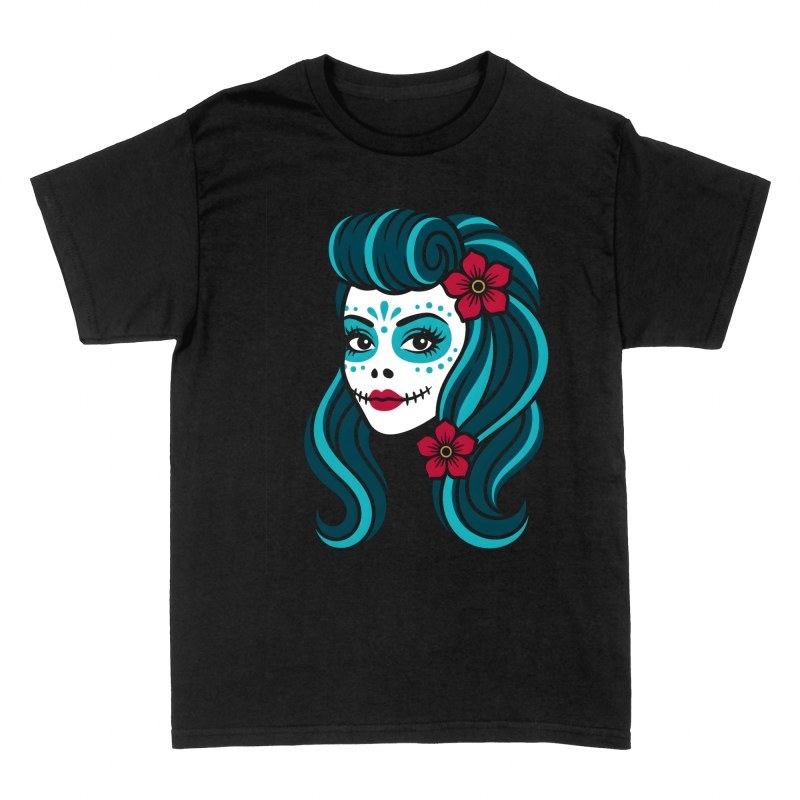 Magliette: Catrina pin-up con capelli blu e fiori