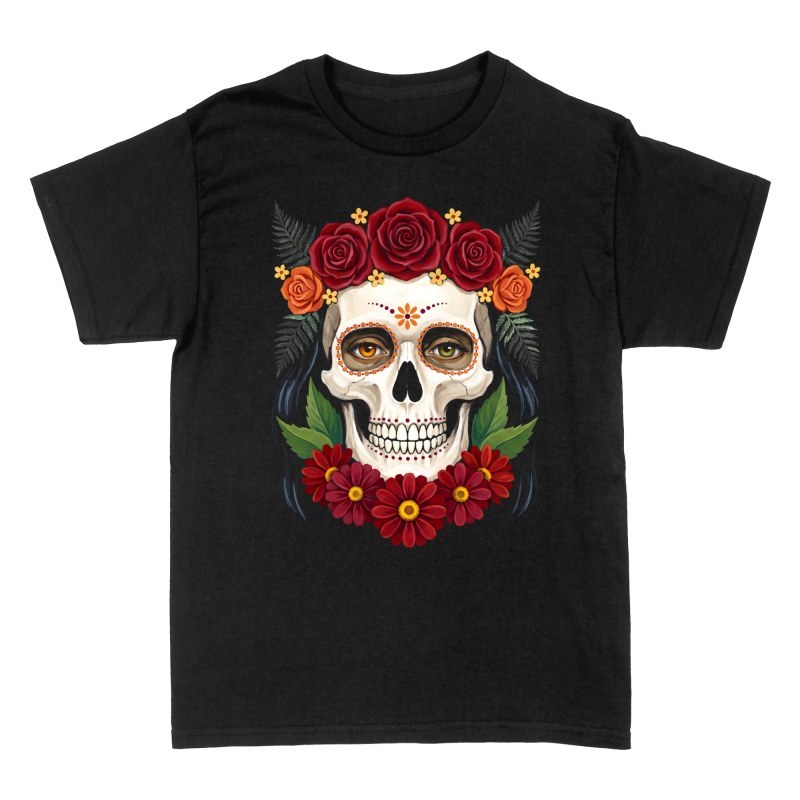 Magliette: Teschio messicano con rose rosse