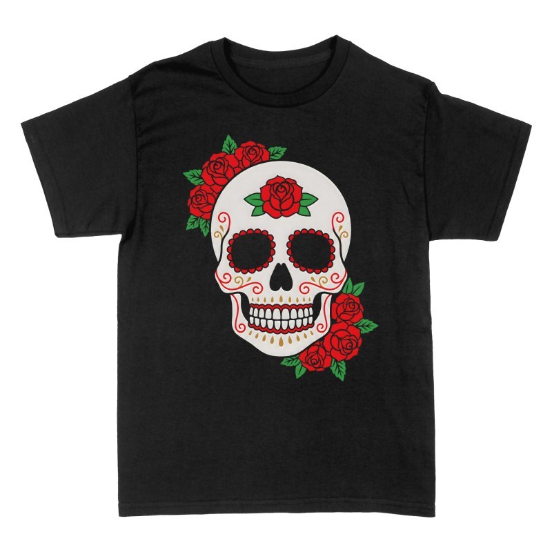 Magliette: Teschio di zucchero con rose rosse
