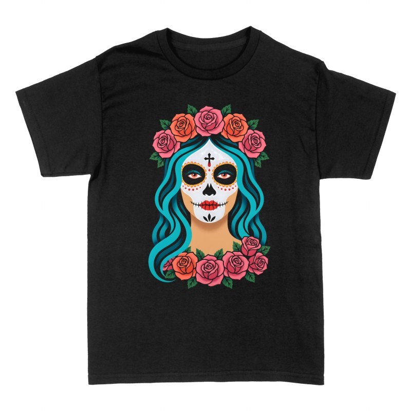 Magliette: Catrina con capelli blu e rose