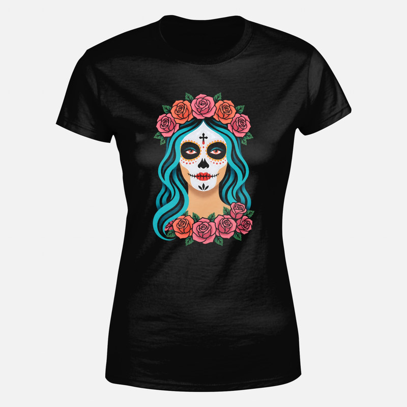 Magliette: Catrina con capelli blu e rose