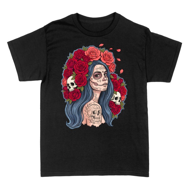 Magliette: Catrina con rose e teschi