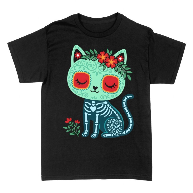 Magliette: Gatto scheletro D&iacute;a de Muertos con fiori