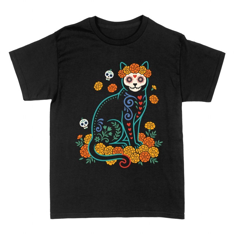 Magliette: Gatto nero D&iacute;a de los Muertos con fiori