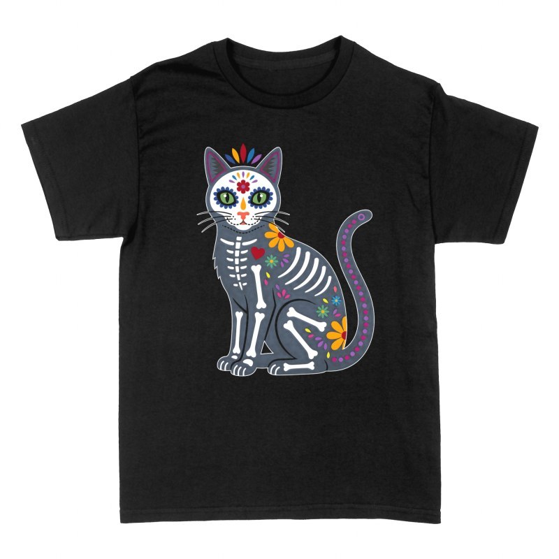 Magliette: Gatto D&iacute;a de Muertos con fiori