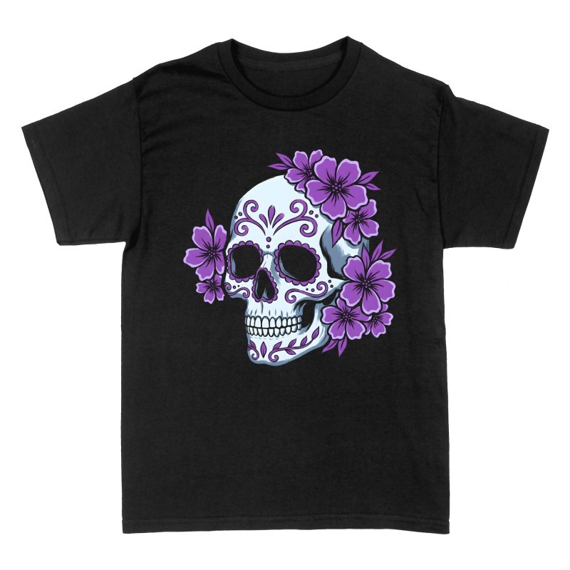 Magliette: Teschio messicano con fiori viola